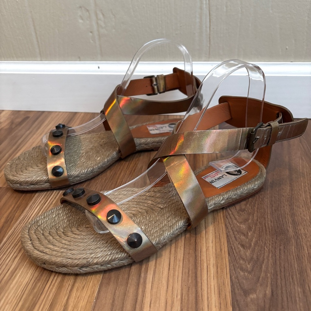Lanvin Iridescent Bronze Leather Studded Ankle Strap Espadrilles Sandals